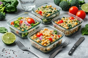 Four healthy quinoa salads prepped in glass containers