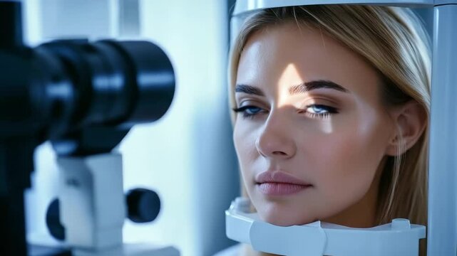Eye exam with modern equipment. Woman having eye test with autorefractometer in ophthalmology clinic. Vision treatment concept.