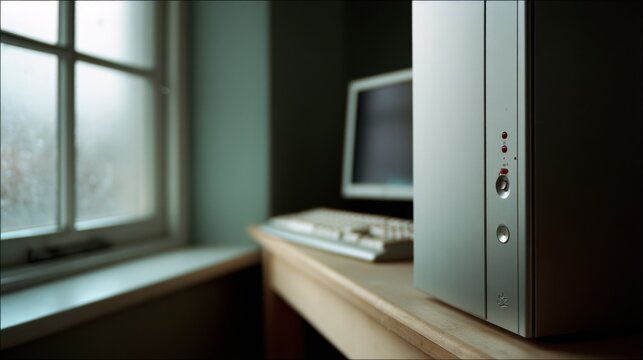An outdated desktop setup with an old computer and CRT monitor on a wooden desk beside a window creates a nostalgic office vibe.