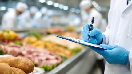 Quality control in a food processing facility: An inspector in protective gear meticulously records observations on a clipboard during routine inspection.