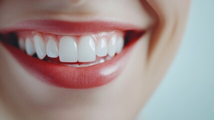 Fototapeta premium Smiling woman with bright white teeth showcasing confidence and beauty in a serene indoor setting