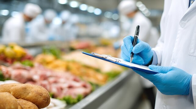 Quality control in a food processing facility: An inspector in protective gear meticulously records observations on a clipboard during routine inspection.