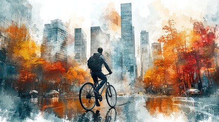 Cyclist Riding Through Autumnal City Street Watercolor Painting
