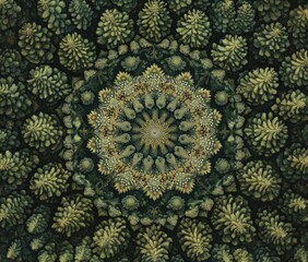 Intricate mandala of stylized, verdant trees
