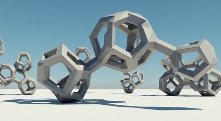 Abstract Geometric 3D Render Interlocking Grey Polyhedral Structures on White Surface