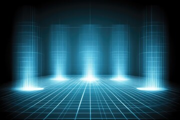 Fototapeta premium Futuristic, digital grid floor with light beams