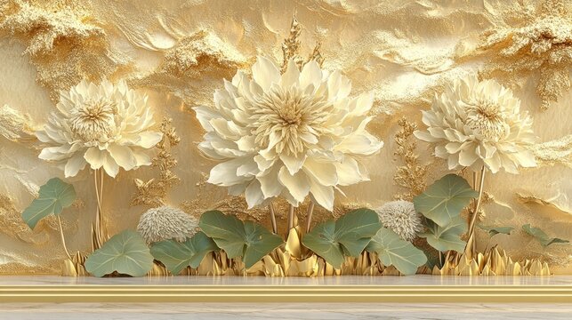Ornate floral design on a golden, textured surface.