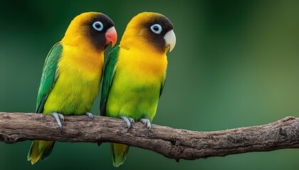 Obraz premium Two colorful lovebirds perched on a tree branch facing each other with a blurred green background