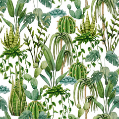 Watercolor seamless pattern of tropical plants. White background. For design, backgrounds