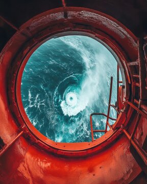 Fototapeta Rough ocean seen through ship porthole abstract view of swirling sea waves from vessel window
