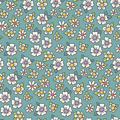 Seamless floral pattern, liberty ditsy print in romantic retro motif. Cute botanical surface design of small hand drawn daisy flowers, chamomiles, tiny leaves abstract. Vector illustration.