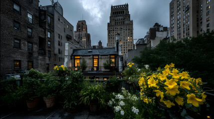 Naklejka premium framed by a foreground of flowering plants on a rooftop