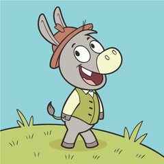 Fototapeta premium Cheerful Cartoon Donkey in Hat and Vest – Cute Farm Animal Illustration for Kids