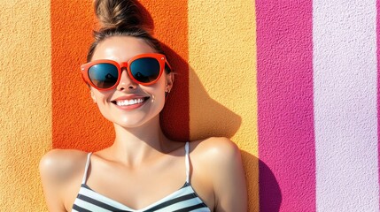 Woman relaxing on vibrant striped towel.