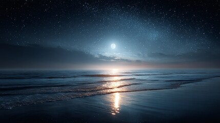 Moonlit Seascape: Tranquil ocean waves under a starry night sky. Reflective moonlight dances on the water's surface, creating a serene, dreamy atmosphere.