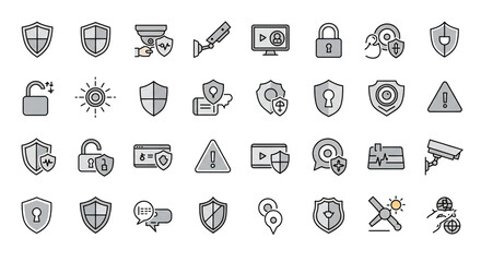 Fototapeta premium A collection of security related icons featuring shields locks and surveillance equipment in grey tones