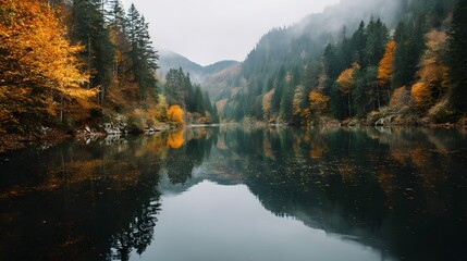 Naklejka premium Autumn lake reflection mountain landscape scenic view forest trees travel photography nature explore 100