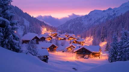 Fototapeta premium Aurora casting its colorful glow over a snow-draped village nestled in the mountains, Generative AI