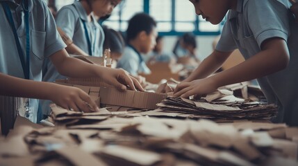 Children recycling cardboard waste in classroom for environmental education project focus on sustainability