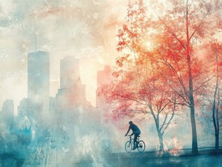 Fototapeta premium Cyclist Silhouette at Sunrise with Hazy City Skyline and Autumnal Trees