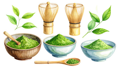 Watercolor illustration of a traditional Japanese matcha set including matcha bowl, bamboo whisk, spoon, and vibrant green matcha powder, delicate brush strokes
