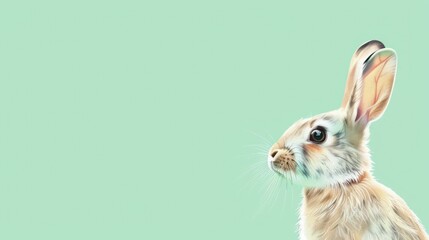 Obraz premium Charming rabbit portrait on pastel mint green background, fluffy bunny headshot with whiskers and big eyes, soft fur texture, spring Easter animal, gentle portrait and Copy Space