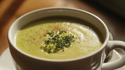 Creamy broccoli cheese soup in white bowl greenishyellow hues fall setting
