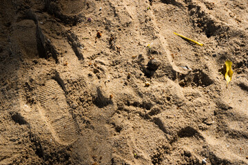 Footprint in sand close-up. Texture, details, and small objects visible. Perfect for nature, beach, travel themes.