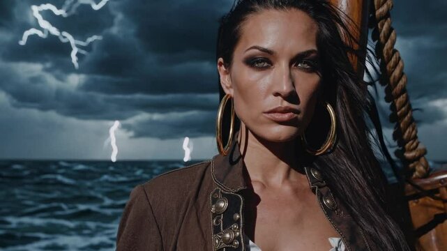 Femme pirate d&eacute;termin&eacute;e sur un navire en pleine temp&ecirc;te

