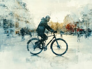 Obraz premium Cyclist Silhouette in Urban Winter Scene, Painted Style