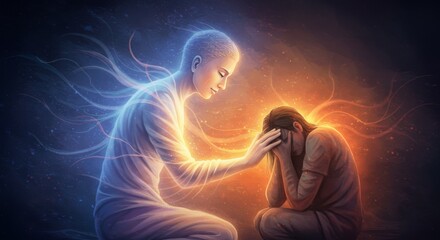 Fototapeta premium Spiritual Guidance Serene Angel Comforting Grieving Person Divine Light Healing Artwork