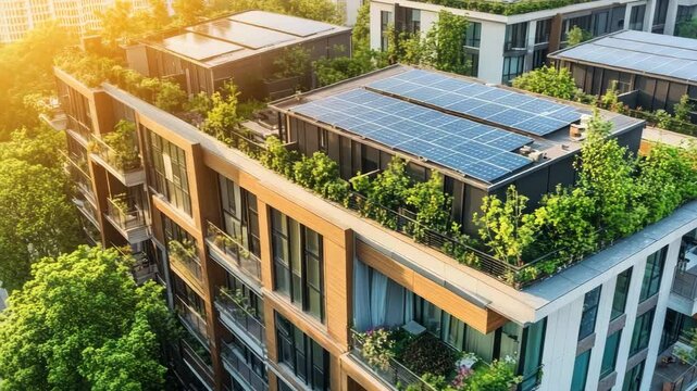 Modern eco friendly apartment buildings with solar panels and green rooftops, promoting sustainable urban living and renewable energy use. - Powered by Adobe