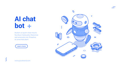 AI chatbot artificial intelligence smartphone app assistance isometric web banner vector illustration. Robot chat help digital technology machinery automation customer support service landing page