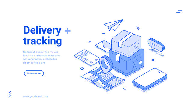 Delivery service courier GPS tracking smartphone application web banner monochrome isometric vector illustration. Online shopping post parcel cargo shipping mobile phone app landing page