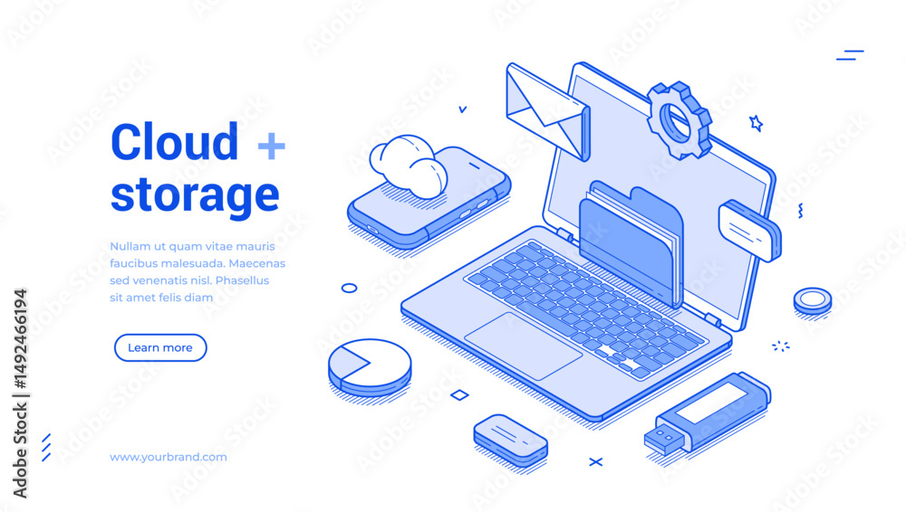 Poster computer cloud storage data center technology laptop smartphone web banner isometric vector illustra