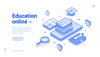Online education e learning remotely class school web banner isometric vector illustration. Internet studying course lesson academic training graduation library smartphone app college technology