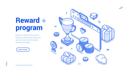 Reward program prize bonus cashback loyalty benefit web banner isometric vector illustration. Award exclusive offer trophy winner cup lottery gift present online browser rank achievement