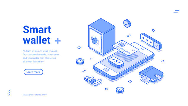Smart digital wallet online banking financial smartphone application web banner isometric vector illustration. Mobile phone budget balance money management shopping payment internet app