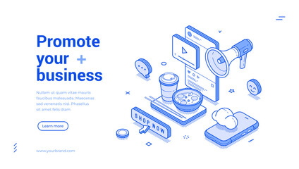 Promote your business online digital marketing web banner isometric vector illustration. Internet advertising technology service blog vlog social network influencer cyberspace promotion landing page