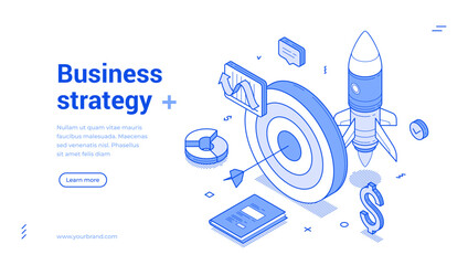 Success business strategy efficiency and productivity startup web banner isometric vector illustration. Financial achievement goal challenge management marketing corporate solution landing page