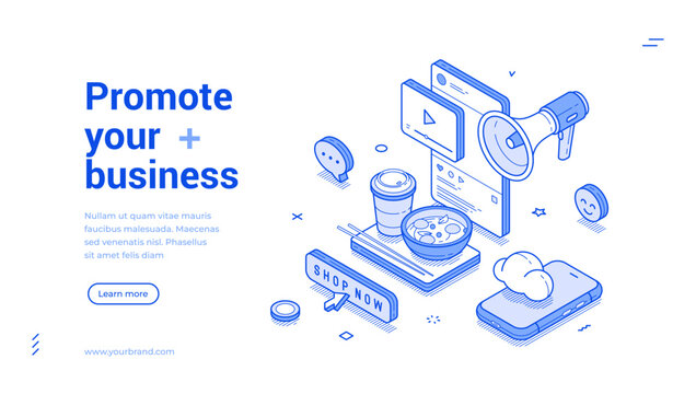 Promote your business online digital marketing web banner isometric vector illustration. Internet advertising technology service blog vlog social network influencer cyberspace promotion landing page
