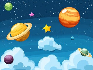 Fototapeta premium Cartoon Planets Floating in Starry Sky with Clouds Whimsical Illustration for Children's Book or Space Themed Design