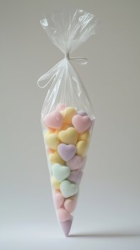 Heartshaped candies packed in clear cone bag on white background