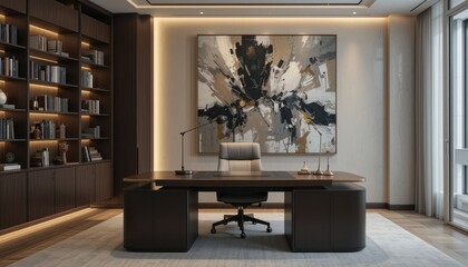 Sophisticated Home Office Design Dark Wood Desk, Plush Armchair, Abstract Art