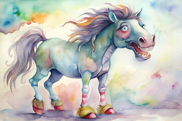 Fototapeta premium Colorful and Whimsical Watercolor Illustration of an Eccentric Horse with a Unique Expression and Vibrant Background of Soft Pastel Hues