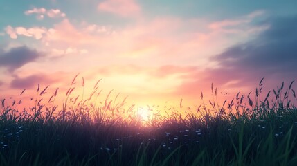 Sunset over grass field