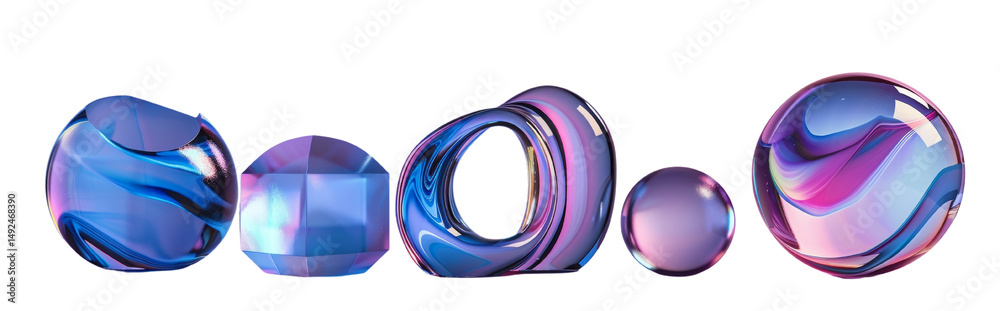 Poster iridescent, fluid forms arranged with glossy reflections, studio shot on white