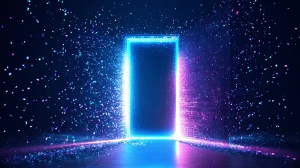 Abstract digital open door in future. Technology portal with bright neon light. Low poly futuristic door in tech blue. Opportunity concept on dark background. Wireframe polygonal illustration - Powered by Adobe