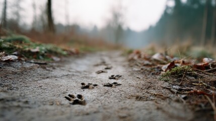 Obraz premium Paw prints lead down a muddy path through a misty forest, telling a story of a mysterious journey in tranquil nature.