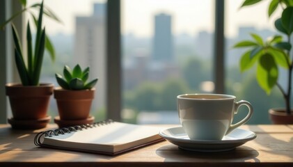 Coffee, notebook, succulents, cityscape background, background, cityscape, computer